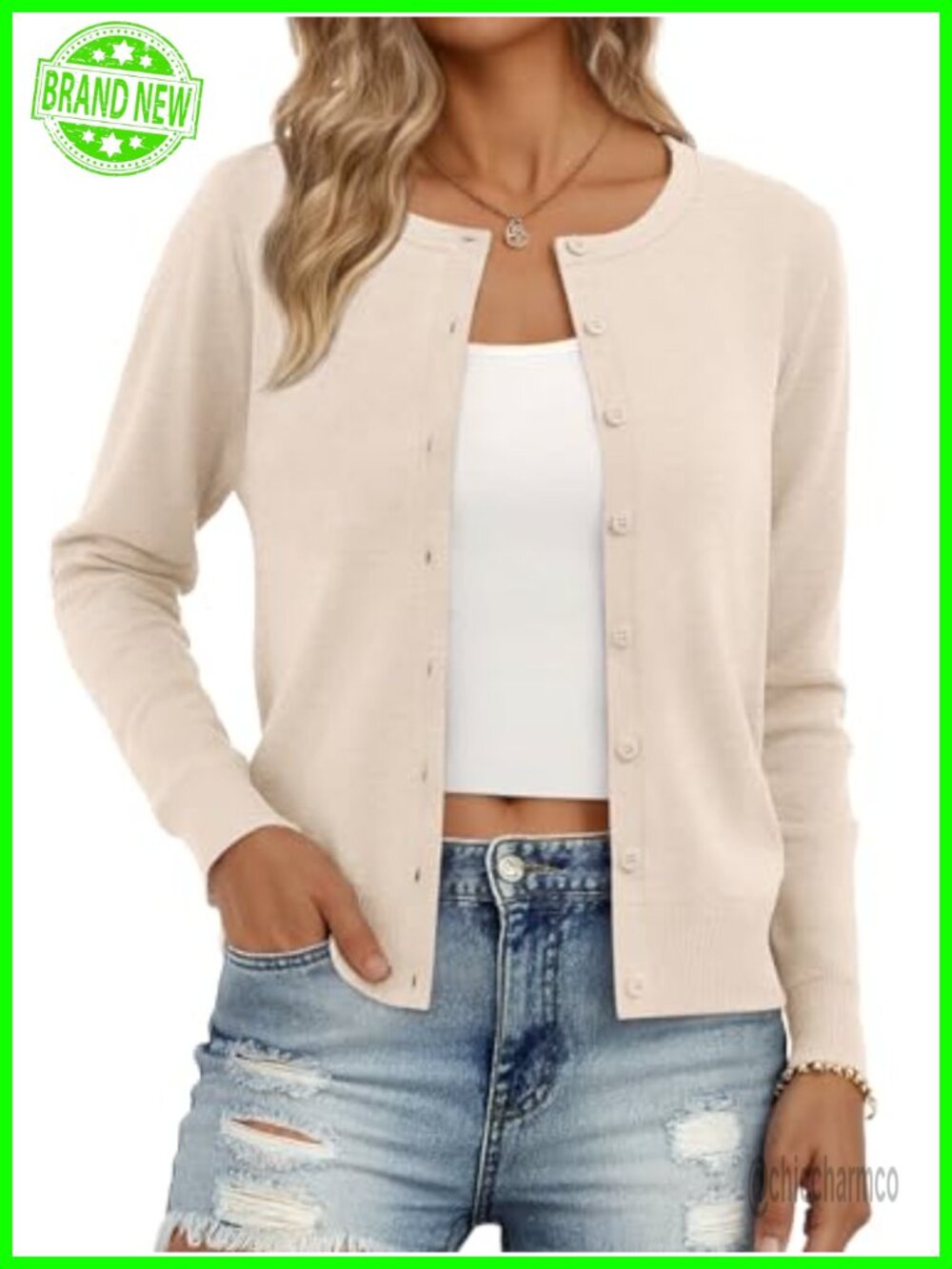 Women's Lightweight Knit Button Cardigan Long Sleeve Crew Neck Relaxed Fit